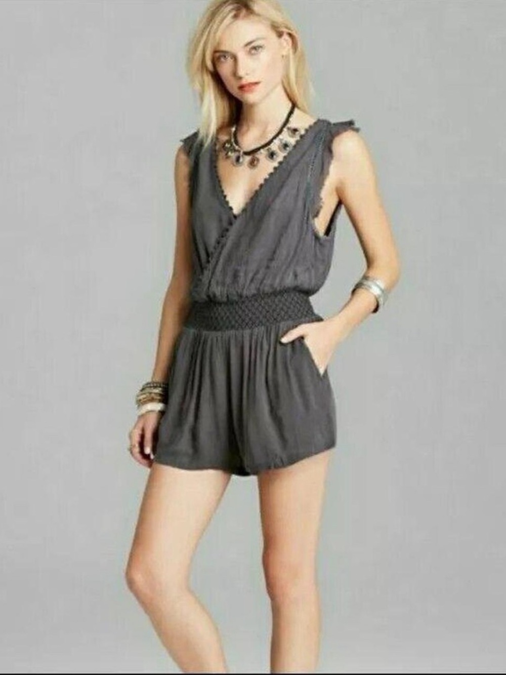 Free People Soft Surplice Romper in charcoal gray S